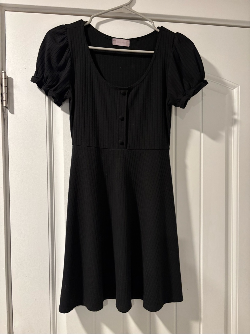 Altar'd State Black Ribbed Puff-Sleeve Mini Dress